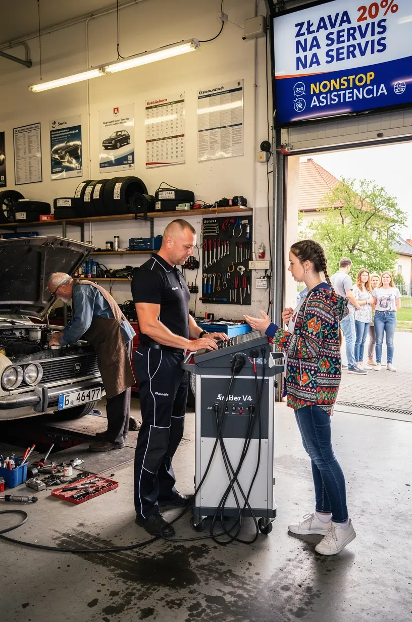Mechanik opravuje motor auta v dielni, zabezpečujúc rýchle a efektívne riešenie havarijných problémov.